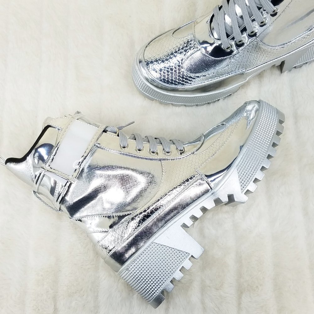 Silver Lug Sole Combat Ankle boots Lynn Size 5.5 US - Picture 4 of 11